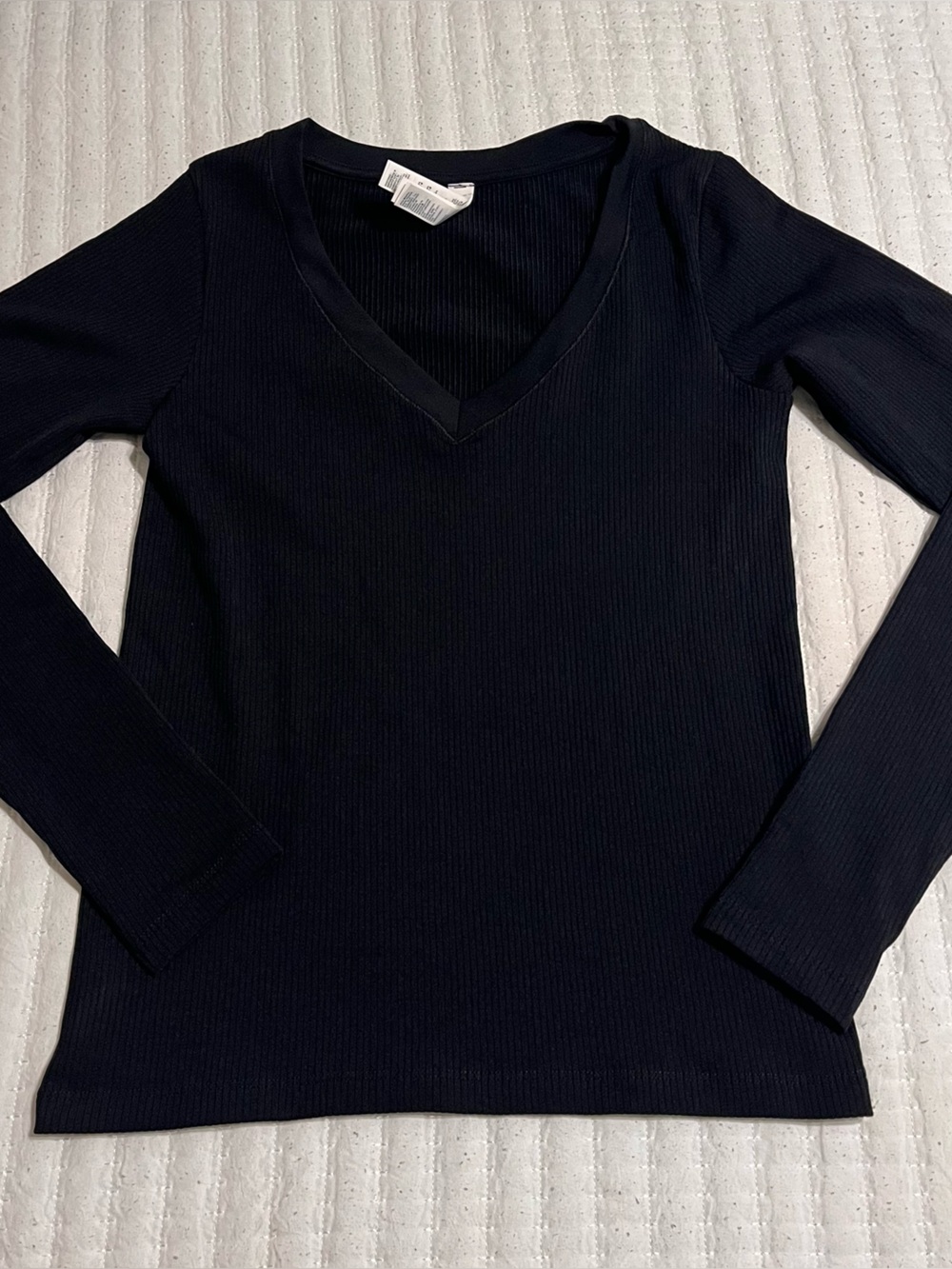 Athleta Black Ribbed V-Neck Long Sleeve Top
